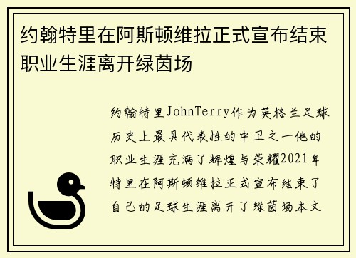 约翰特里在阿斯顿维拉正式宣布结束职业生涯离开绿茵场