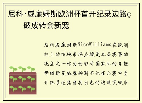 尼科·威廉姆斯欧洲杯首开纪录边路爆破成转会新宠